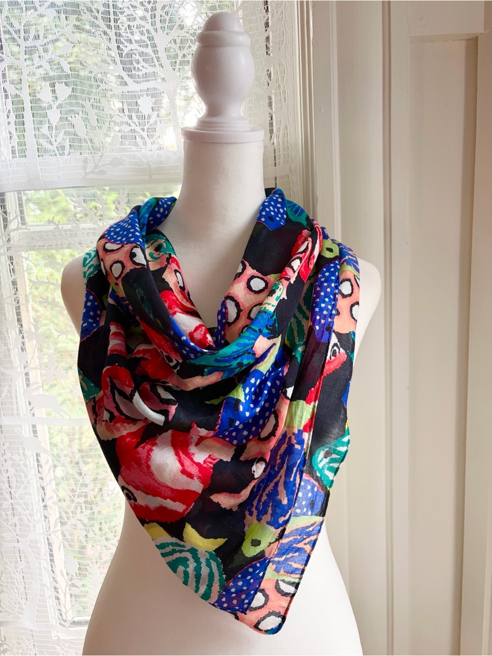 Vintage Echo Silk Fish Motif Colorful Scarf 34”x 34”